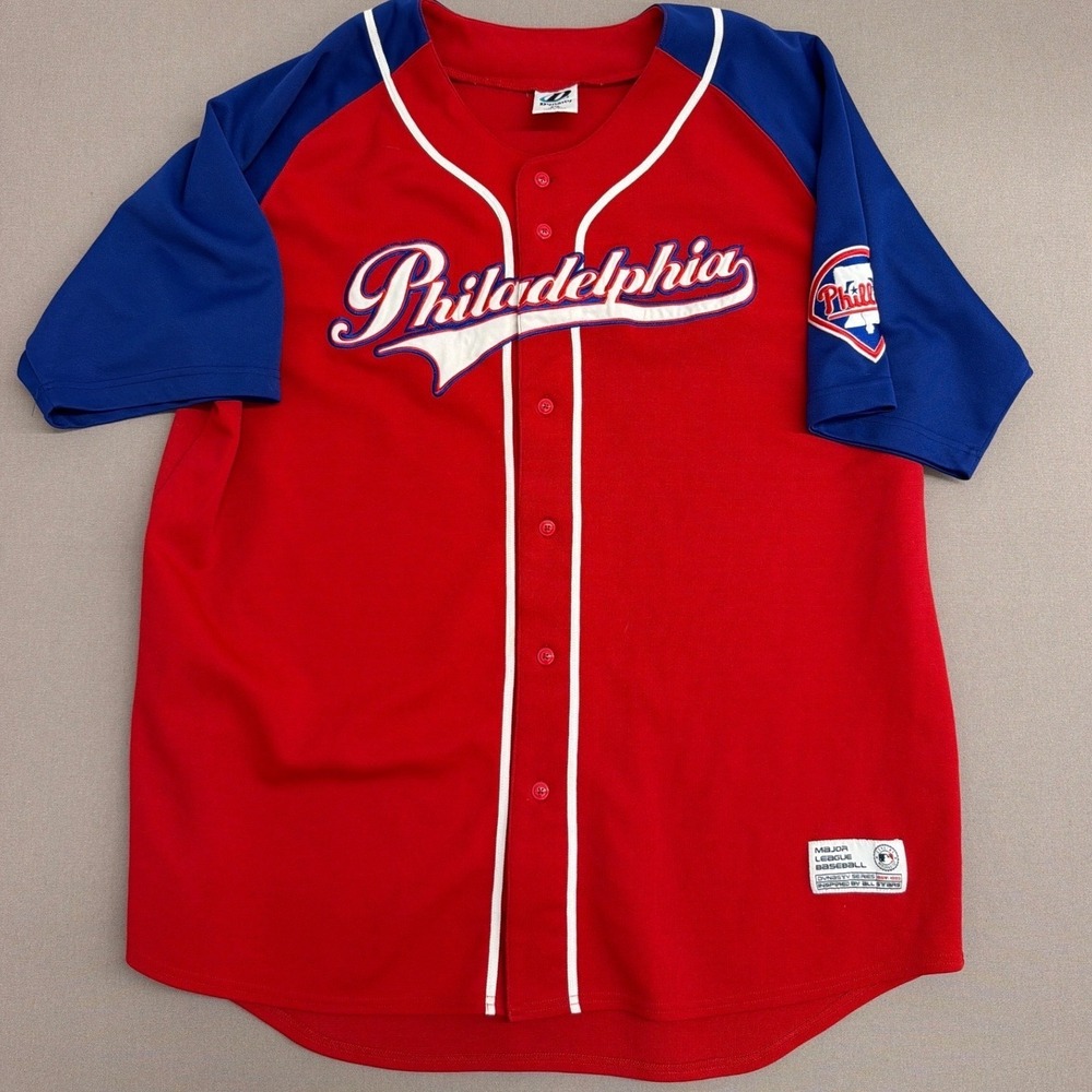 Dynasty Philadelphia Phillies Baseball Jersey Mens 2XL Red Blue Button Up MLB